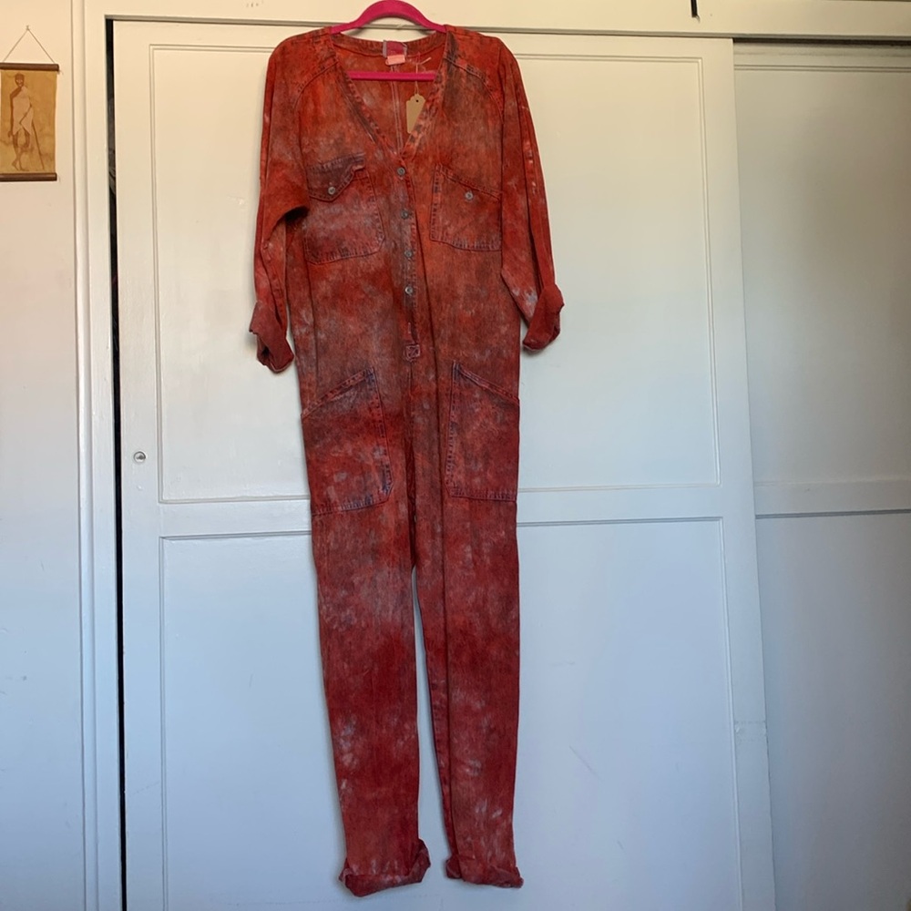 Vintage 80s denim jumpsuit stonewash with red dye job, metal buttons